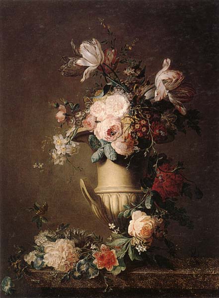 unknow artist A Still life of various flowers in a sculpted urn,resting on a marble-topped table